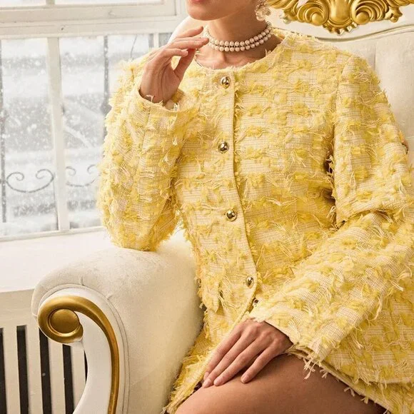 Multicolor Casual Women's Round Neck Long Sleeve Jacquard Jacket And Skirt Set - Picture 3 of 7